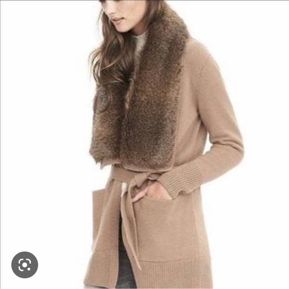 Banana Republic Chunky Faux Fur Collar Long Knit Cardigan Size XL - Picture 2 of 15